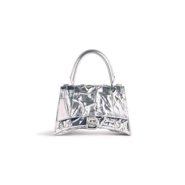 Women Women's Hourglass Small Handbag Crushed Effect  In Silver Balenciaga Handbags Flexible