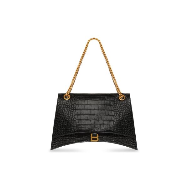 Balenciaga Women Savings Shoulder Bags Women's Crush Large Chain Bag Crocodile Embossed  In Black